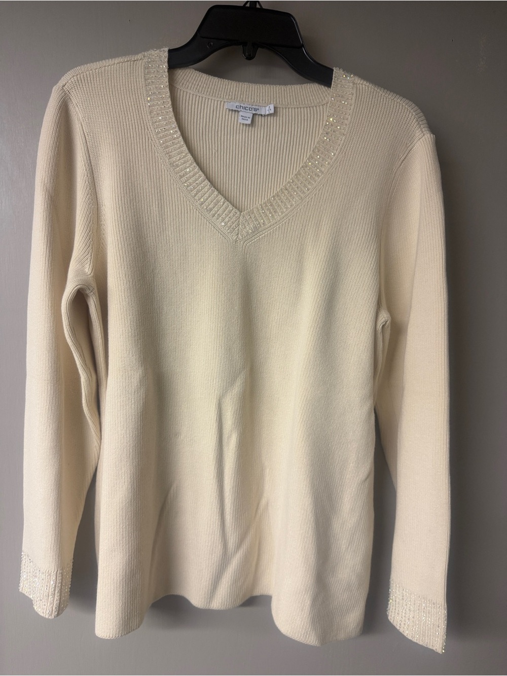 Chico's Cream V-Neck Sweater with Subtle Sparkle
